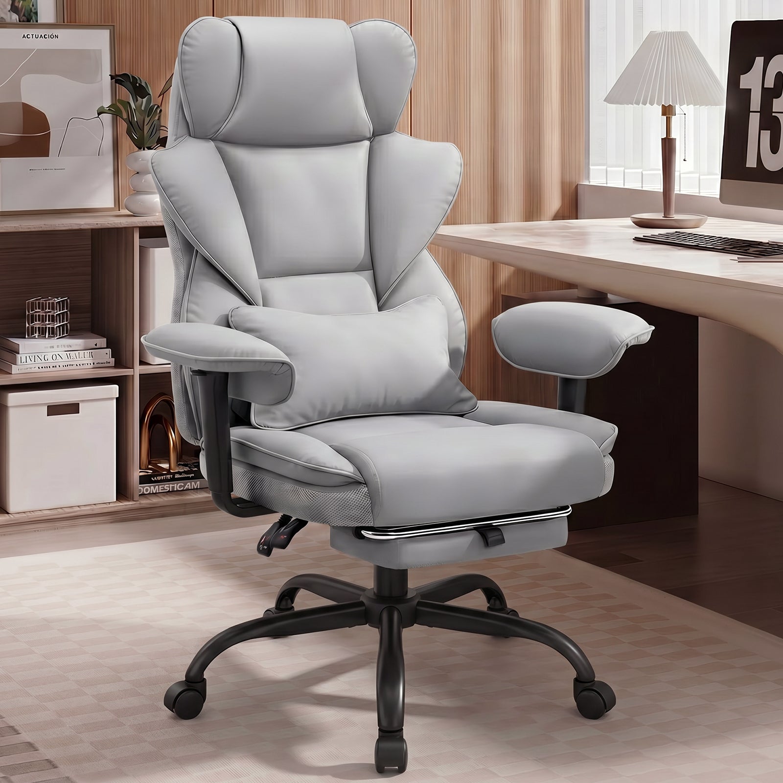 ALLGOD Office Desk Chair, Big and Tall Executive Chair with Lumbar Support, High Back Computer Gaming Chair, PU Leather with Pocket Spring Cushion, Adjustable Armrests and Footrest, Grey