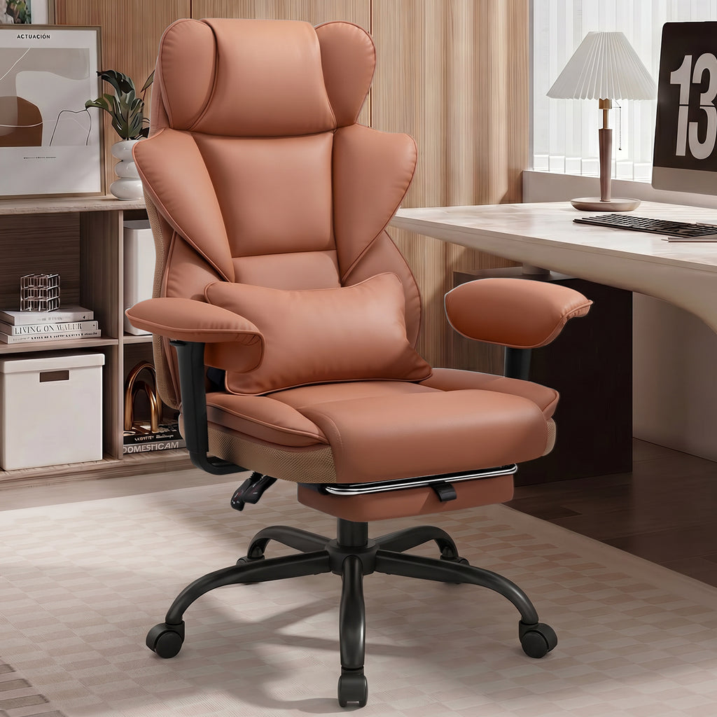 ALLGOD Office Desk Chair, Big and Tall Executive Chair with Lumbar Support, High Back Computer Gaming Chair, PU Leather with Pocket Spring Cushion, Adjustable Armrests and Footrest, Brown