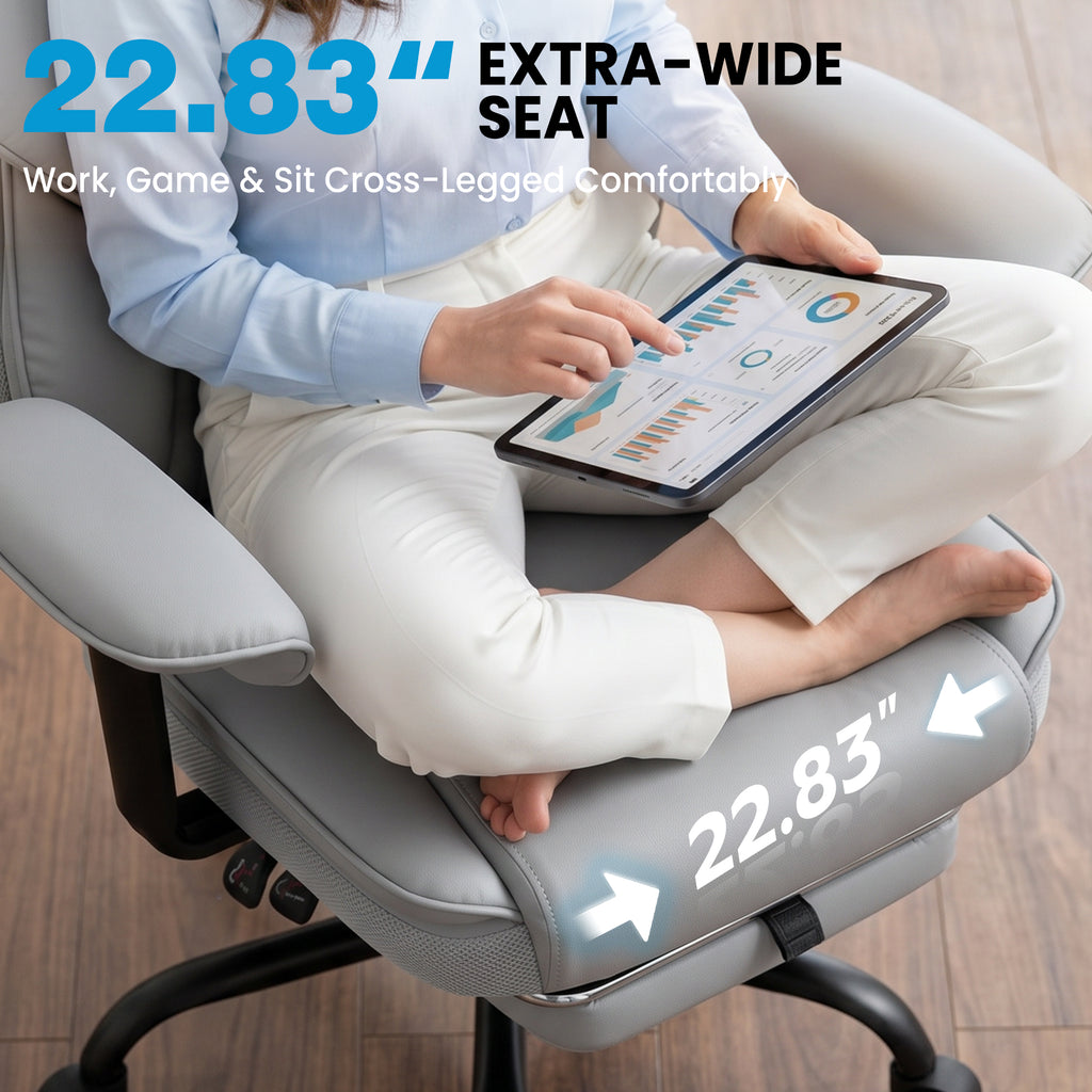 ALLGOD Office Desk Chair, Big and Tall Executive Chair with Lumbar Support, High Back Computer Gaming Chair, PU Leather with Pocket Spring Cushion, Adjustable Armrests and Footrest, Grey