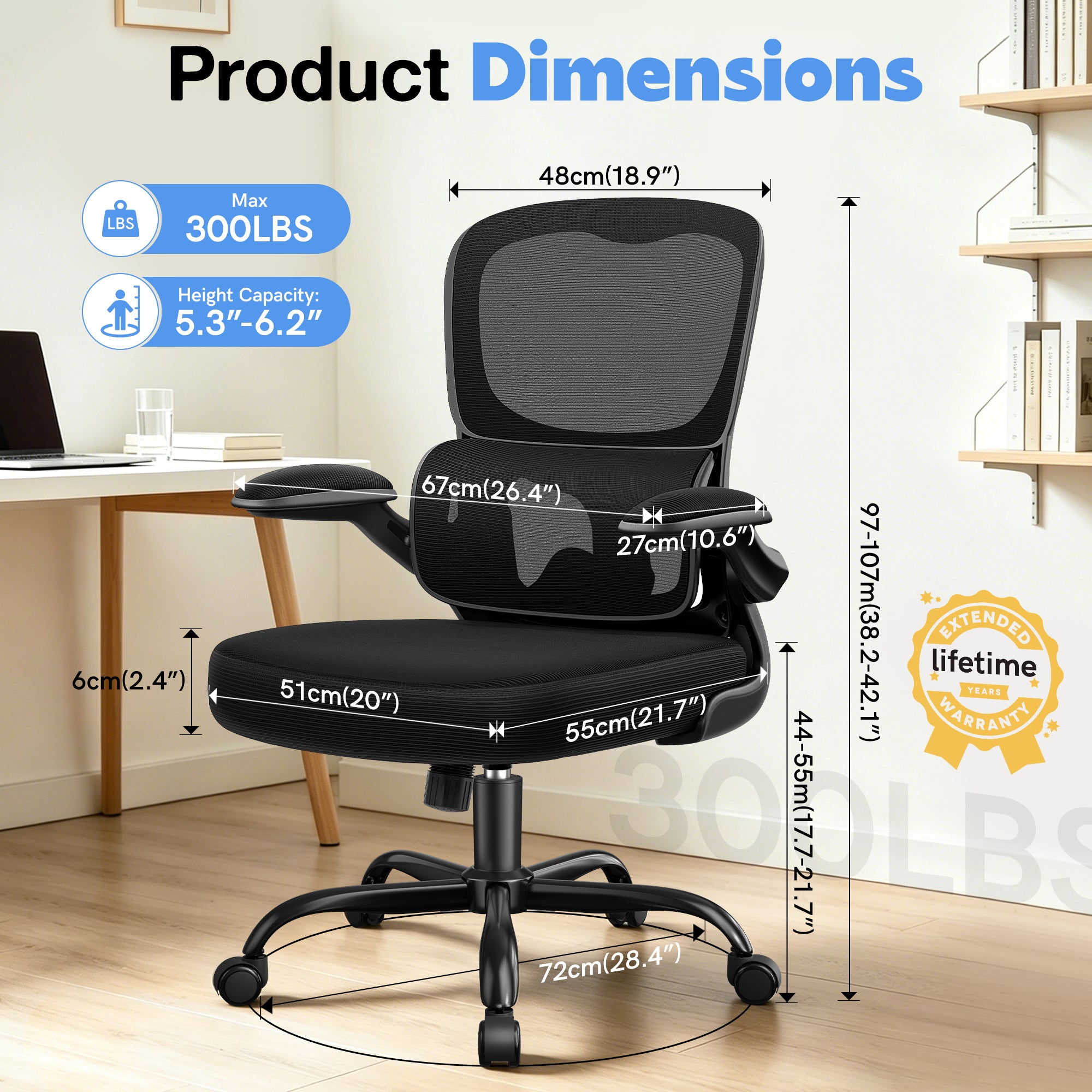 ALLGOD Ergonomic Office Chair, Breathable Mesh Ergonomic Desk Chair with Adjustable Lumbar Support, Flip-up Armrests, 300LBS, Black