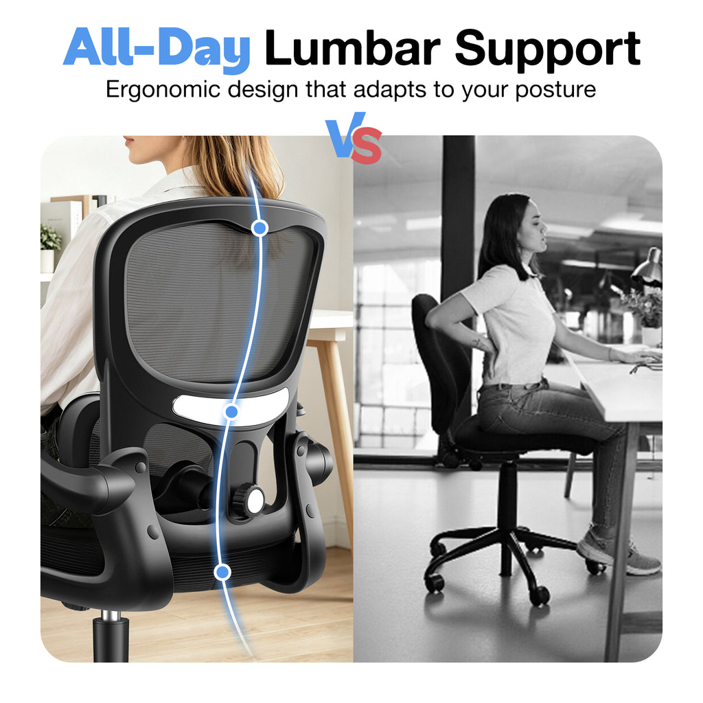 ALLGOD Ergonomic Office Chair, Breathable Mesh Ergonomic Desk Chair with Adjustable Lumbar Support, Flip-up Armrests, 300LBS, Black