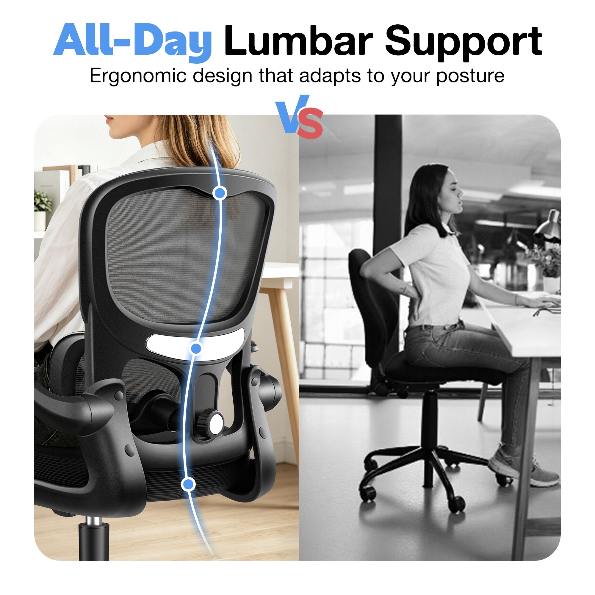 ALLGOD Ergonomic Office Chair, Breathable Mesh Ergonomic Desk Chair with Adjustable Lumbar Support, Flip-up Armrests, 300LBS, Black