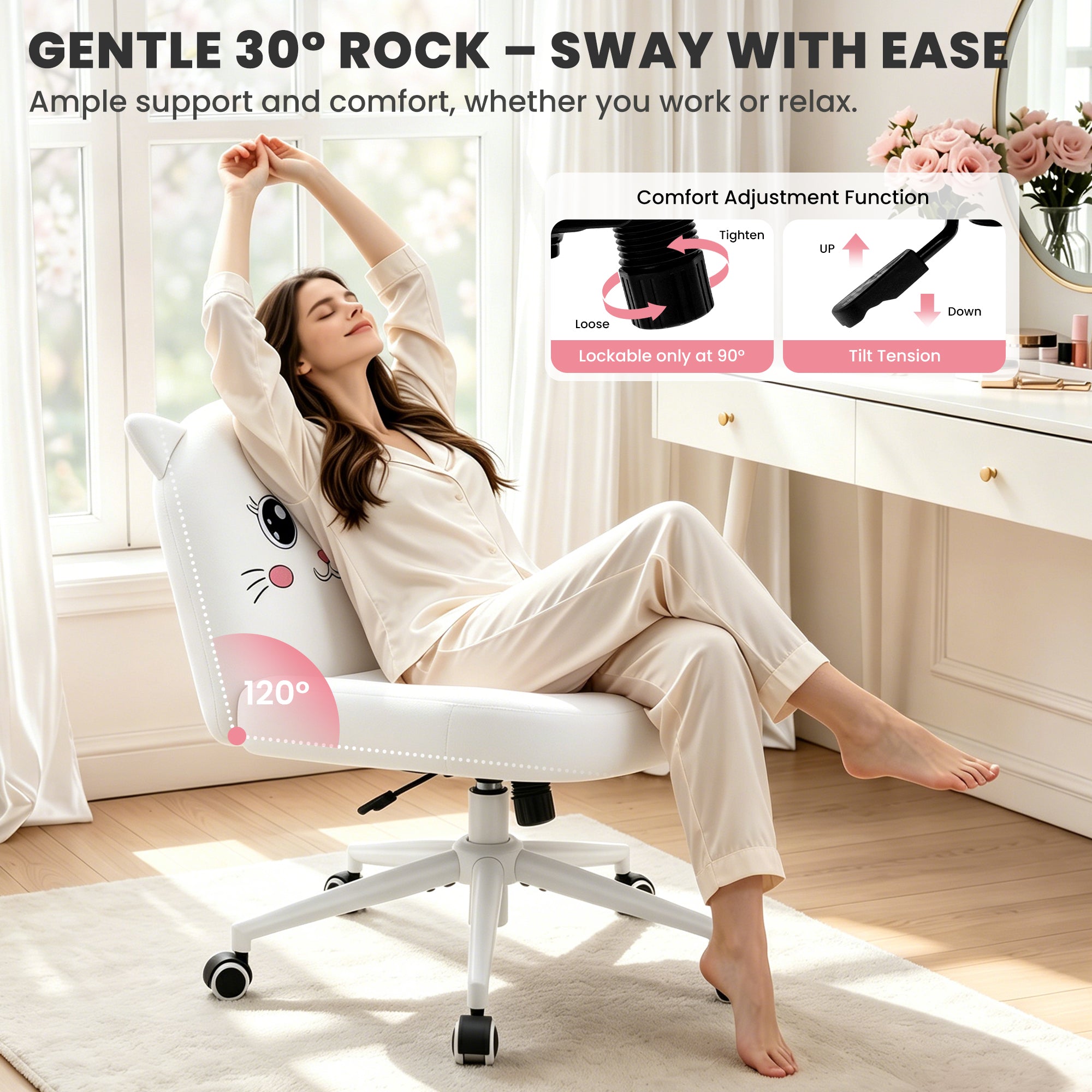 ALLGOD Armless Vanity Chair, White, Cat Shape