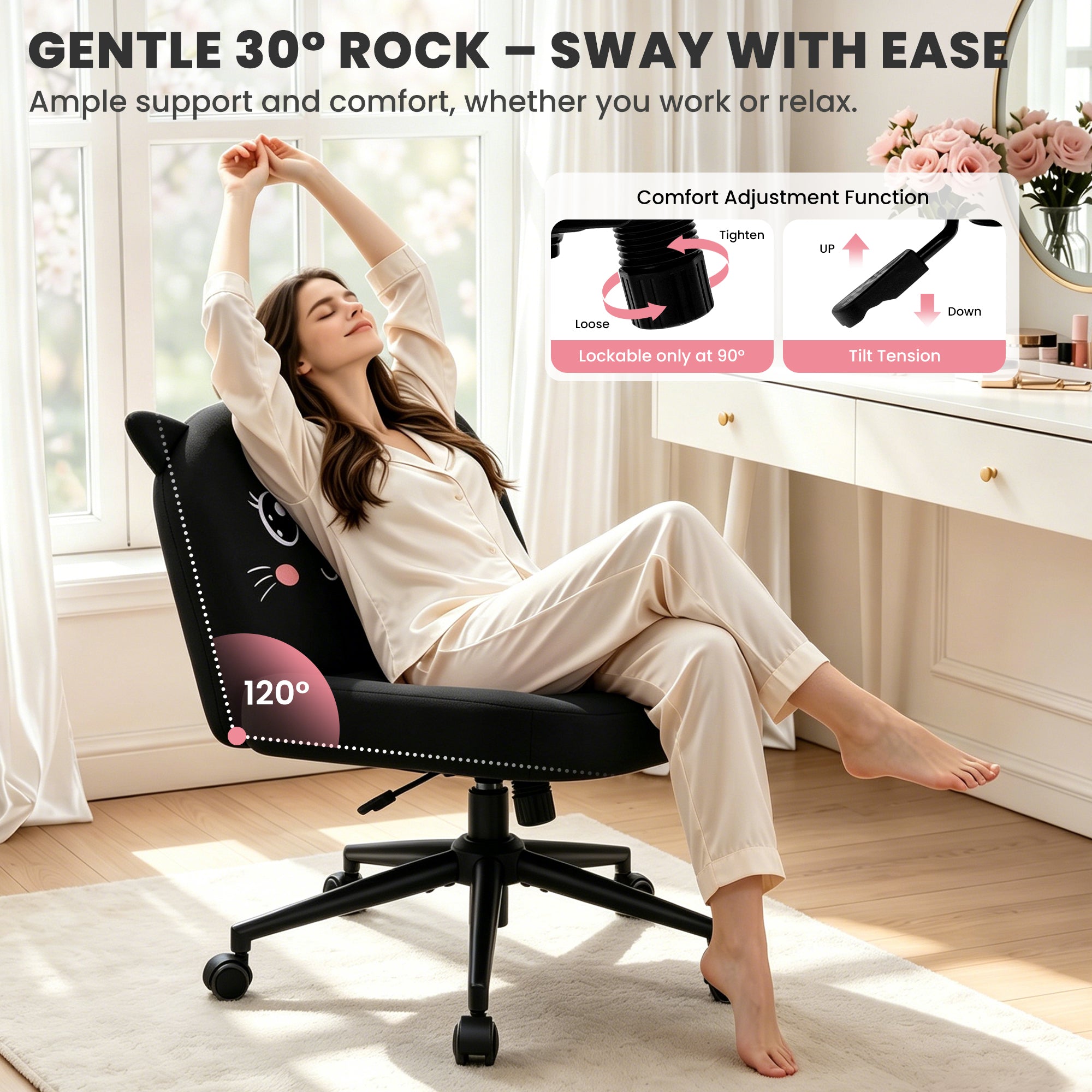 ALLGOD Armless Vanity Chair, Black, Cat Shape