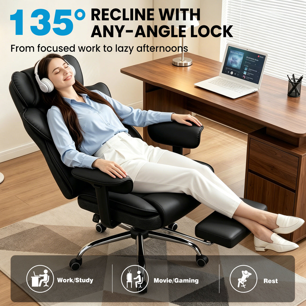 ALLGOD Office Desk Chair, Big and Tall Executive Chair with Lumbar Support, High Back Computer Gaming Chair, PU Leather with Pocket Spring Cushion, Adjustable Armrests and Footrest, Black