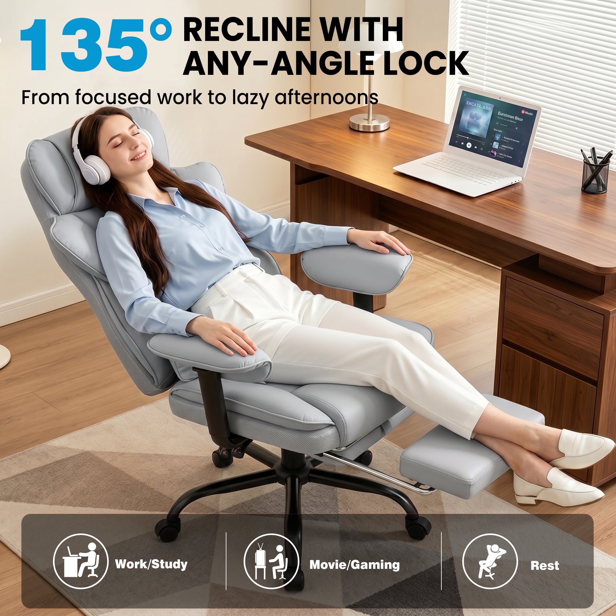 ALLGOD Office Desk Chair, Big and Tall Executive Chair with Lumbar Support, High Back Computer Gaming Chair, PU Leather with Pocket Spring Cushion, Adjustable Armrests and Footrest, Grey