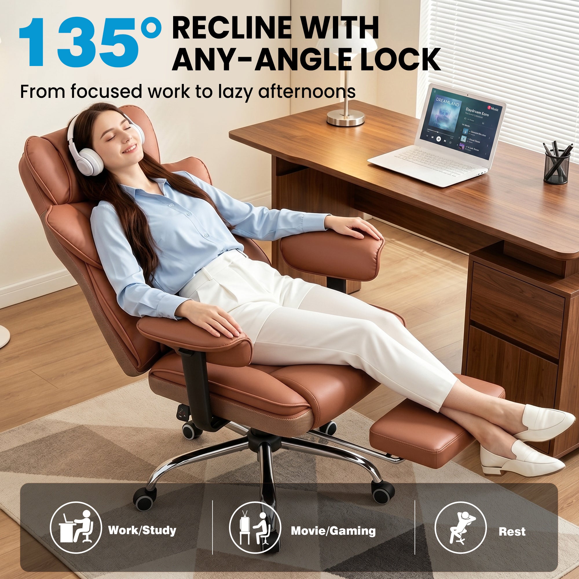 ALLGOD Office Desk Chair, Big and Tall Executive Chair with Lumbar Support, High Back Computer Gaming Chair, PU Leather with Pocket Spring Cushion, Adjustable Armrests and Footrest, Brown