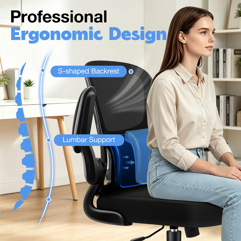 ALLGOD Ergonomic Office Chair, Breathable Mesh Ergonomic Desk Chair with Adjustable Lumbar Support, Flip-up Armrests, 300LBS, Black