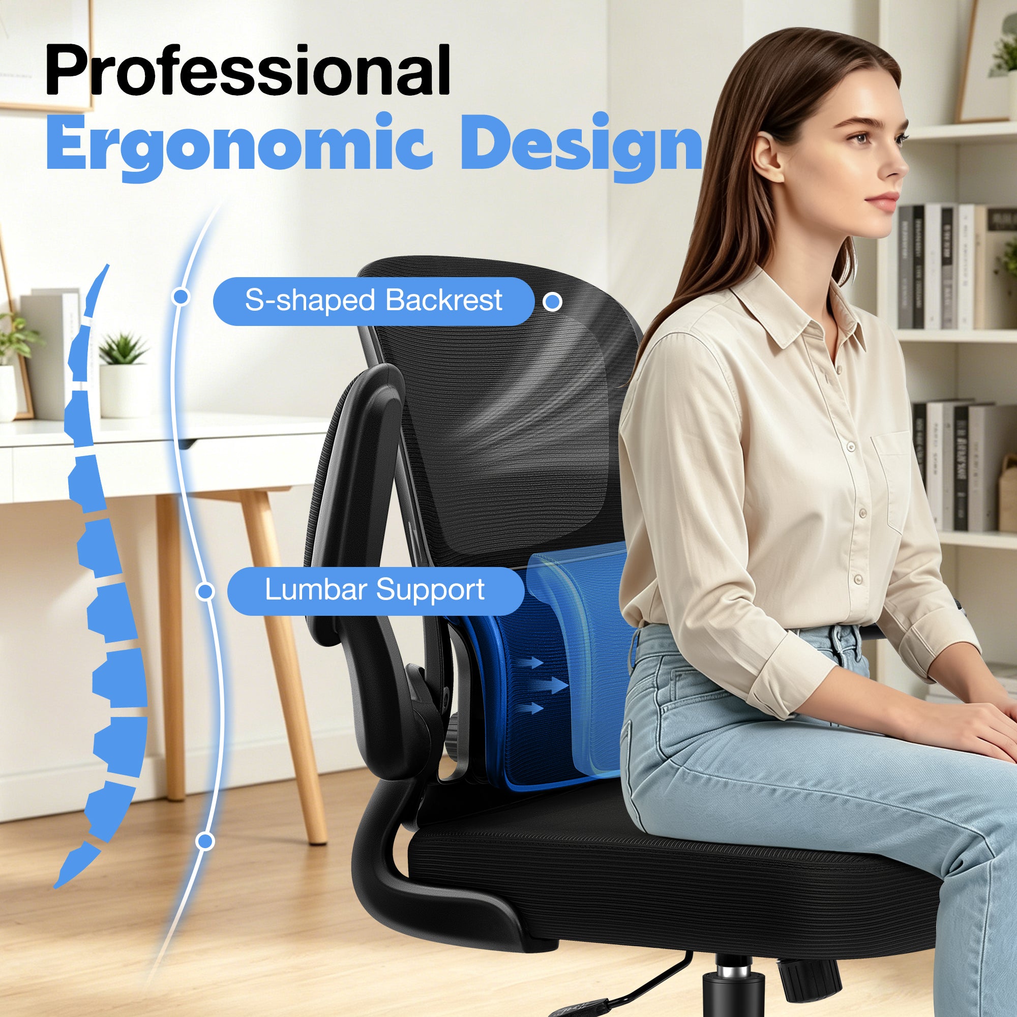 ALLGOD Ergonomic Office Chair, Breathable Mesh Ergonomic Desk Chair with Adjustable Lumbar Support, Flip-up Armrests, 300LBS, Black