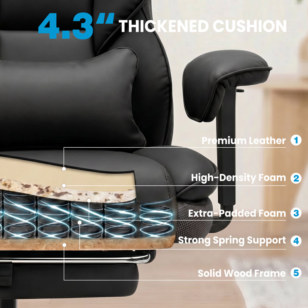 ALLGOD Office Desk Chair, Big and Tall Executive Chair with Lumbar Support, High Back Computer Gaming Chair, PU Leather with Pocket Spring Cushion, Adjustable Armrests and Footrest, Black