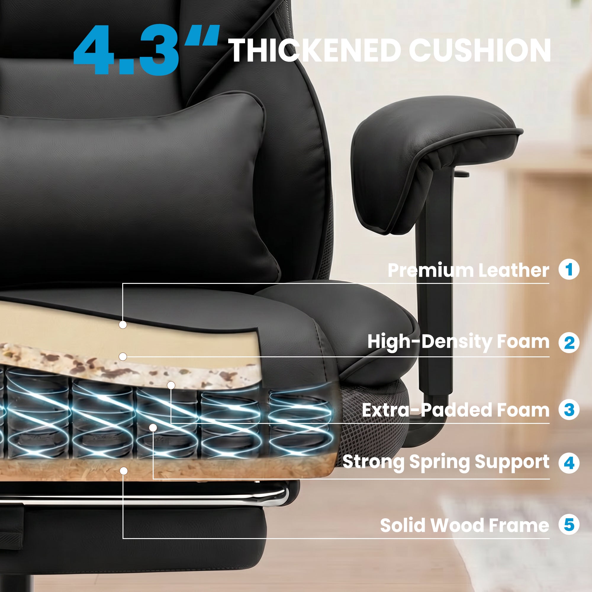 ALLGOD Office Desk Chair, Big and Tall Executive Chair with Lumbar Support, High Back Computer Gaming Chair, PU Leather with Pocket Spring Cushion, Adjustable Armrests and Footrest, Black