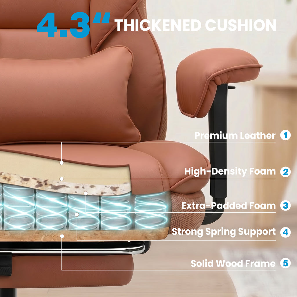 ALLGOD Office Desk Chair, Big and Tall Executive Chair with Lumbar Support, High Back Computer Gaming Chair, PU Leather with Pocket Spring Cushion, Adjustable Armrests and Footrest, Brown