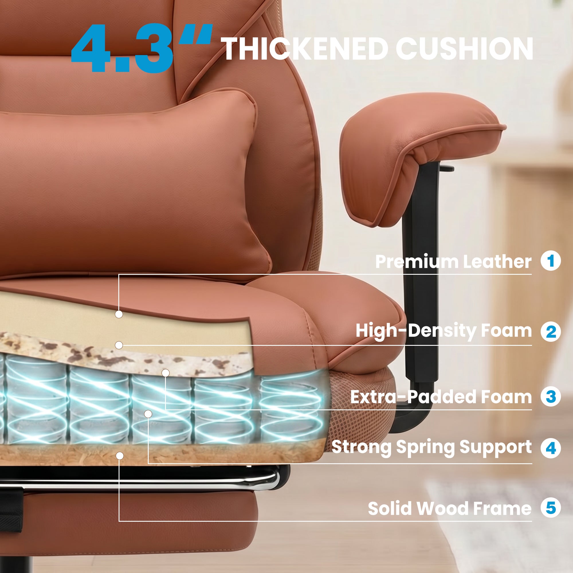 ALLGOD Office Desk Chair, Big and Tall Executive Chair with Lumbar Support, High Back Computer Gaming Chair, PU Leather with Pocket Spring Cushion, Adjustable Armrests and Footrest, Brown