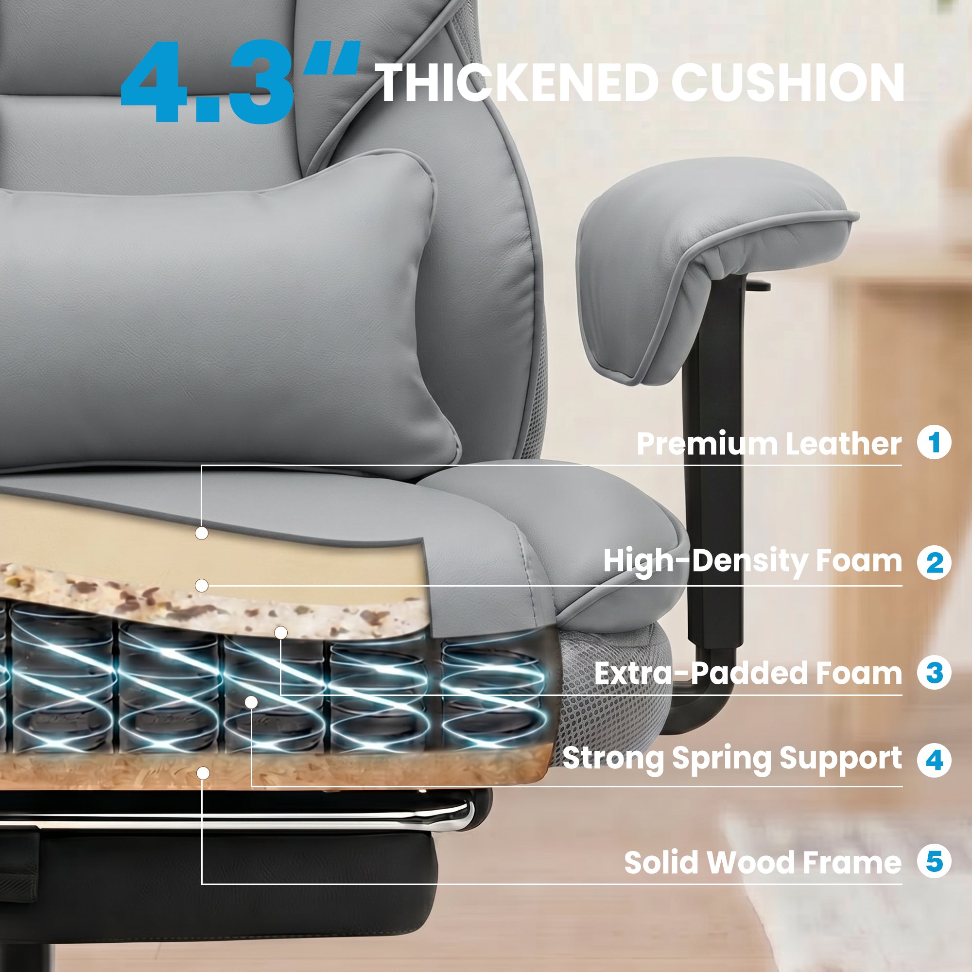 ALLGOD Office Desk Chair, Big and Tall Executive Chair with Lumbar Support, High Back Computer Gaming Chair, PU Leather with Pocket Spring Cushion, Adjustable Armrests and Footrest, Grey