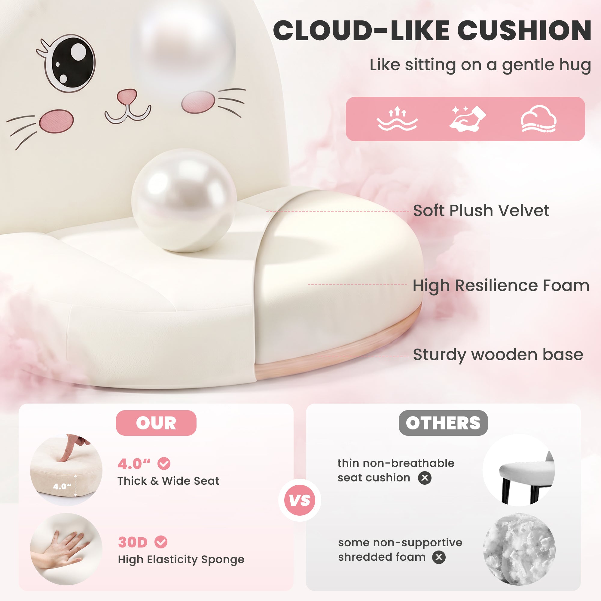 ALLGOD Armless Vanity Chair, White, Cat Shape