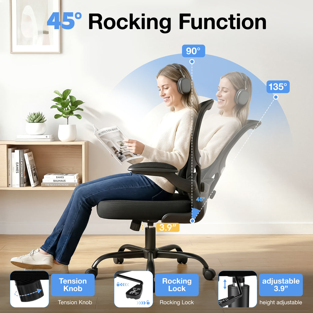ALLGOD Ergonomic Office Chair, Breathable Mesh Ergonomic Desk Chair with Adjustable Lumbar Support, Flip-up Armrests, 300LBS, Black