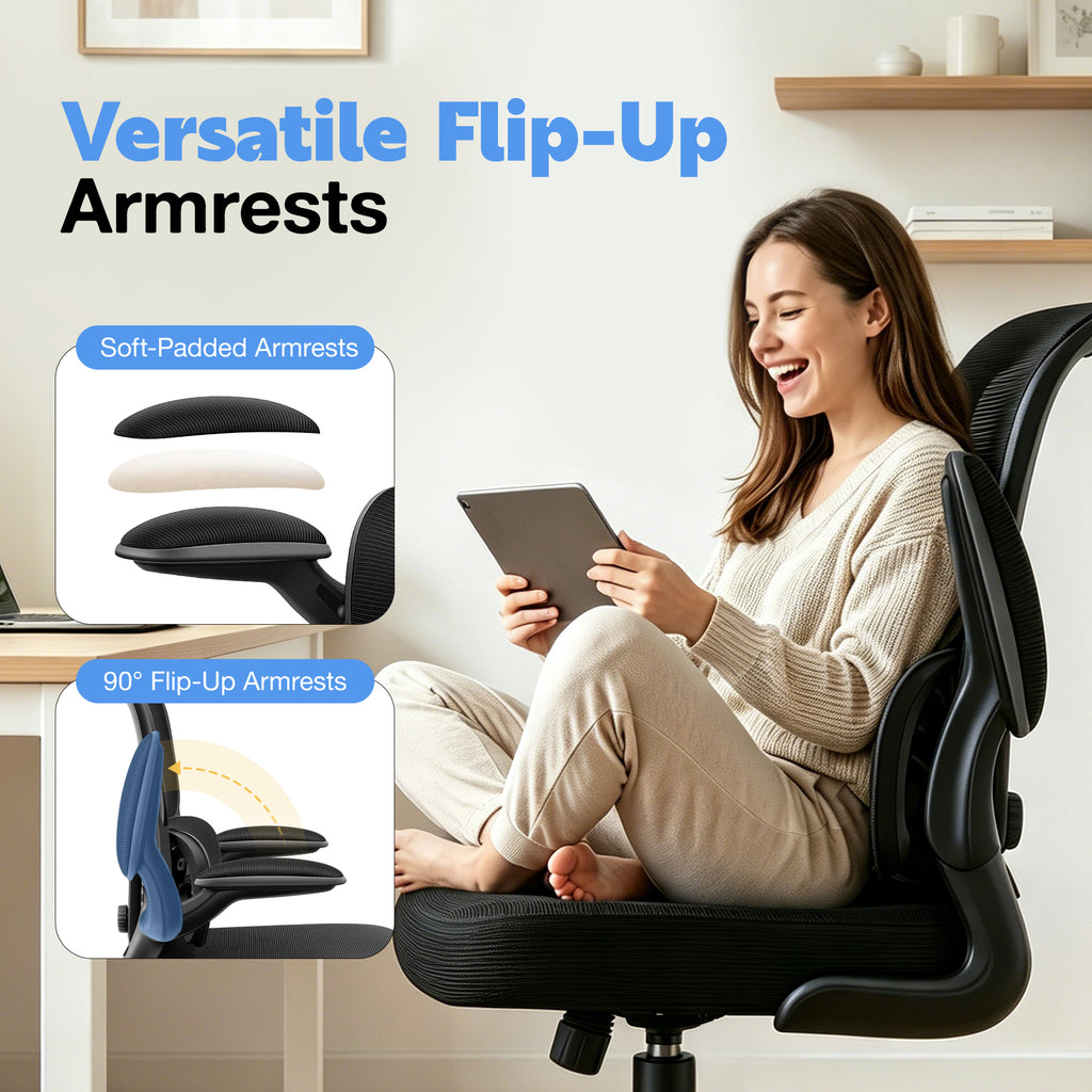 ALLGOD Ergonomic Office Chair, Breathable Mesh Ergonomic Desk Chair with Adjustable Lumbar Support, Flip-up Armrests, 300LBS, Black