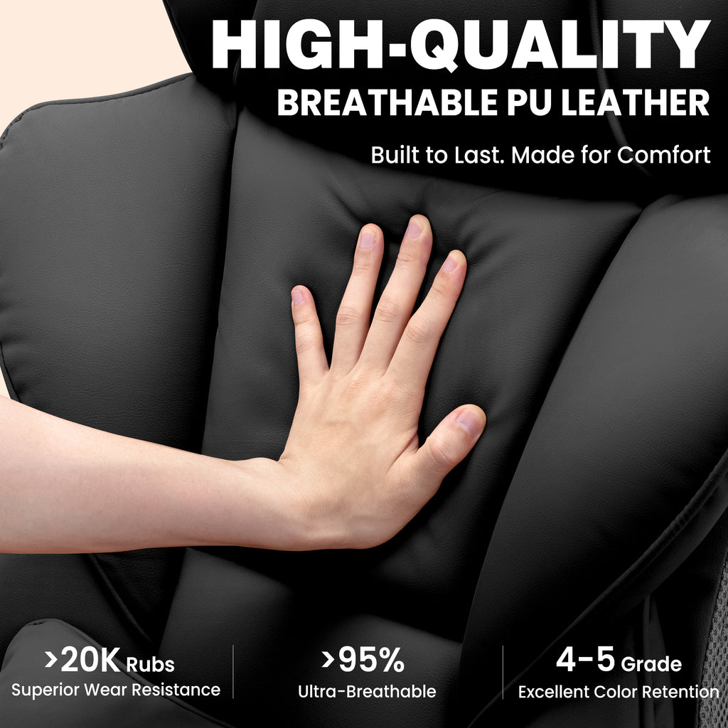 ALLGOD Office Desk Chair, Big and Tall Executive Chair with Lumbar Support, High Back Computer Gaming Chair, PU Leather with Pocket Spring Cushion, Adjustable Armrests and Footrest, Black