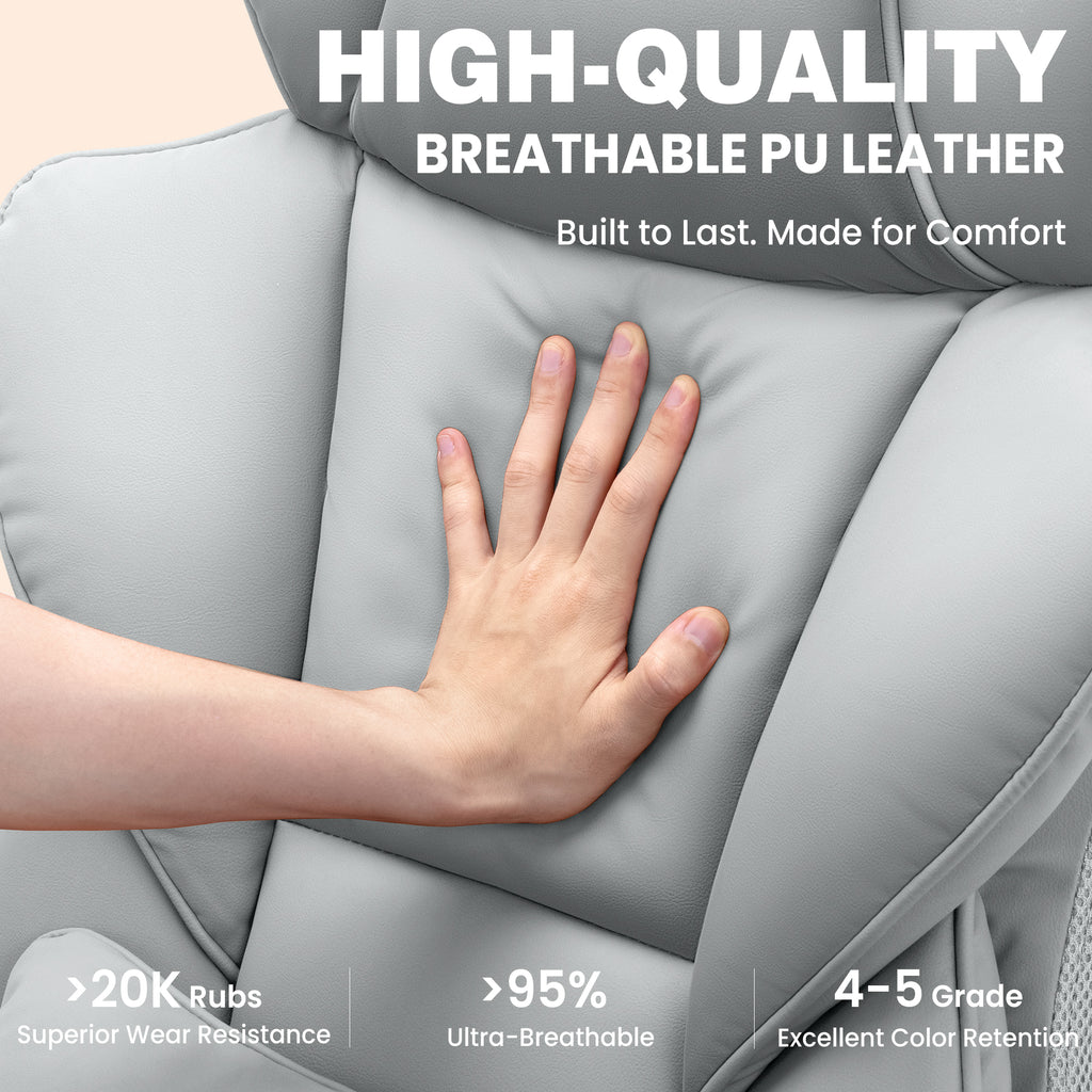 ALLGOD Office Desk Chair, Big and Tall Executive Chair with Lumbar Support, High Back Computer Gaming Chair, PU Leather with Pocket Spring Cushion, Adjustable Armrests and Footrest, Grey