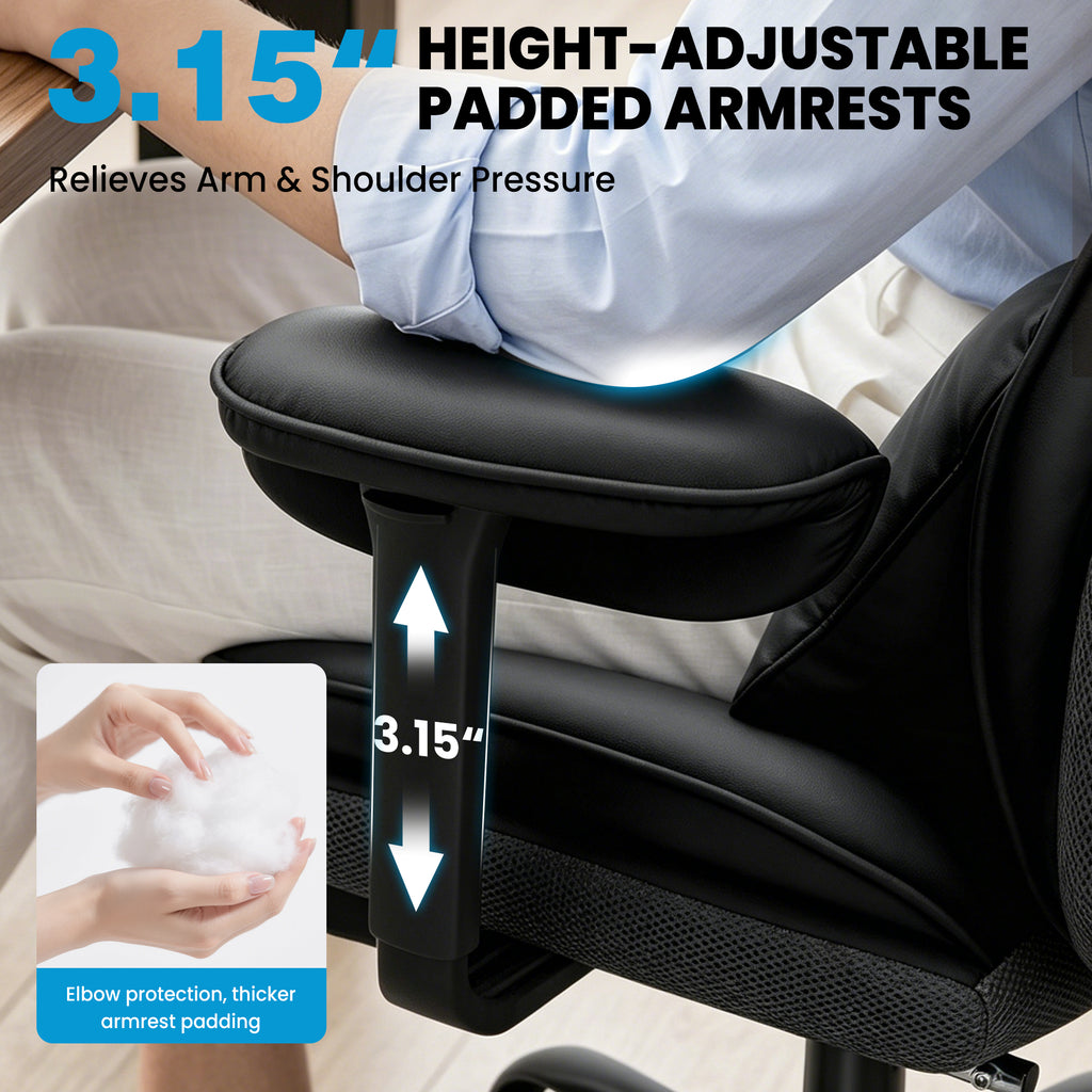 ALLGOD Office Desk Chair, Big and Tall Executive Chair with Lumbar Support, High Back Computer Gaming Chair, PU Leather with Pocket Spring Cushion, Adjustable Armrests and Footrest, Black