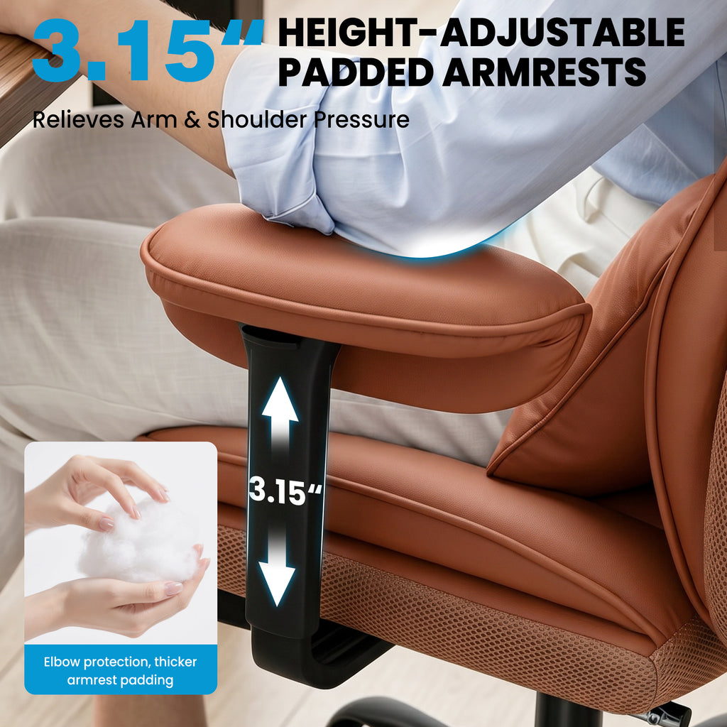 ALLGOD Office Desk Chair, Big and Tall Executive Chair with Lumbar Support, High Back Computer Gaming Chair, PU Leather with Pocket Spring Cushion, Adjustable Armrests and Footrest, Brown