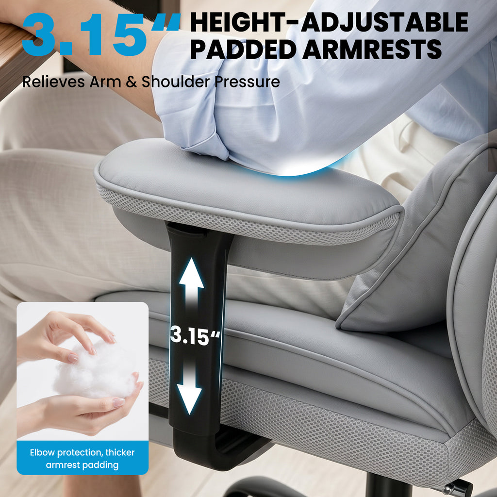ALLGOD Office Desk Chair, Big and Tall Executive Chair with Lumbar Support, High Back Computer Gaming Chair, PU Leather with Pocket Spring Cushion, Adjustable Armrests and Footrest, Grey