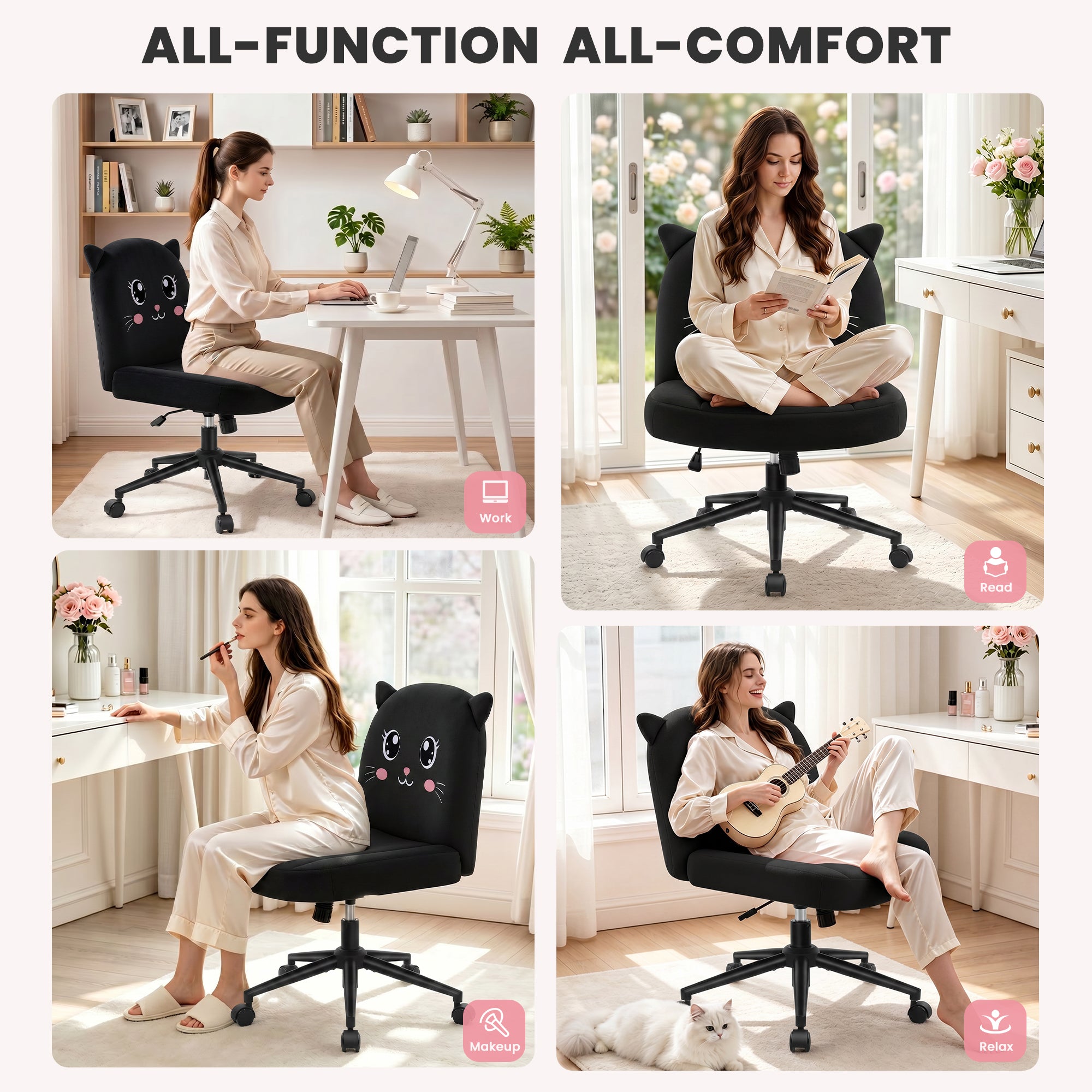 ALLGOD Armless Vanity Chair, Black, Cat Shape
