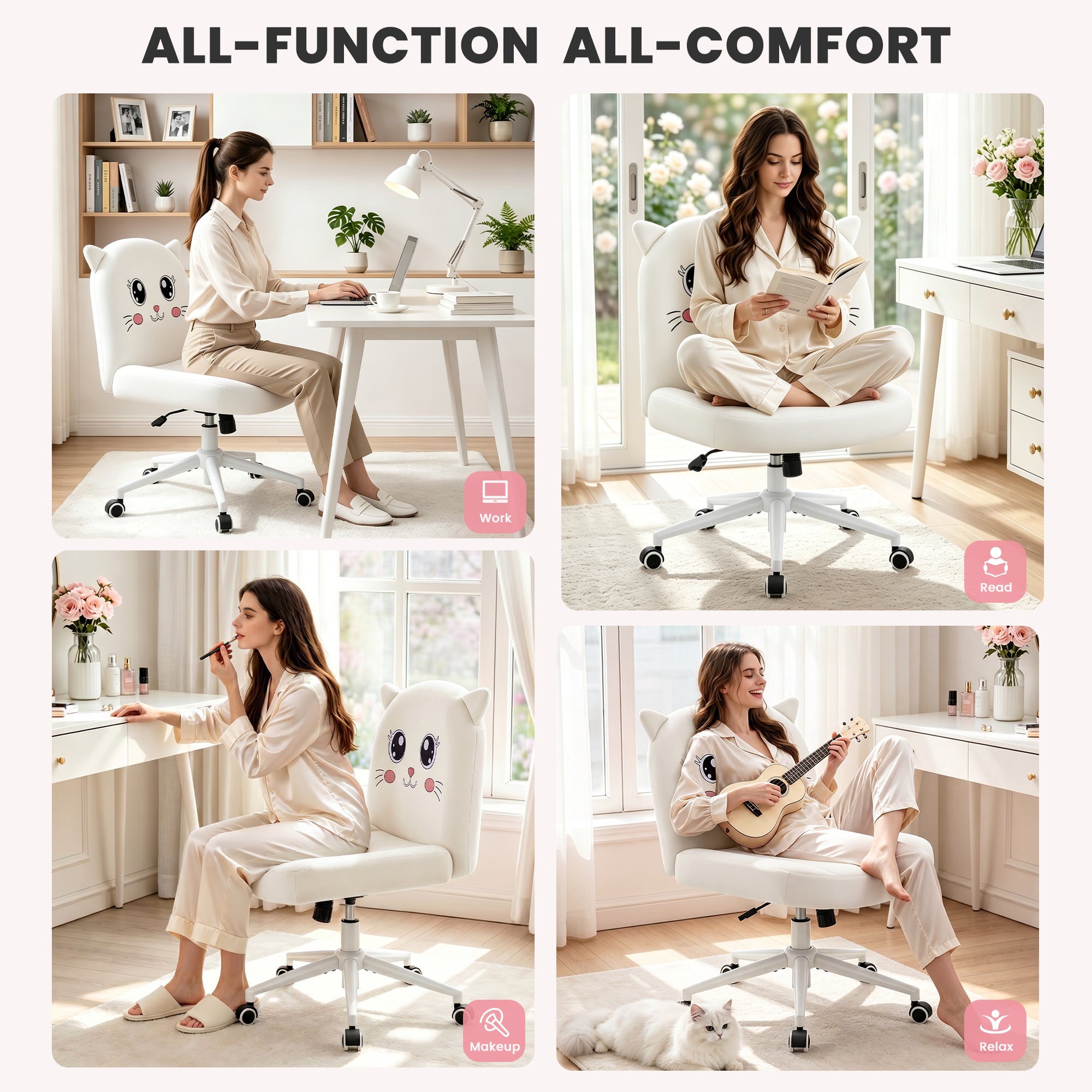 ALLGOD Armless Vanity Chair, White, Cat Shape