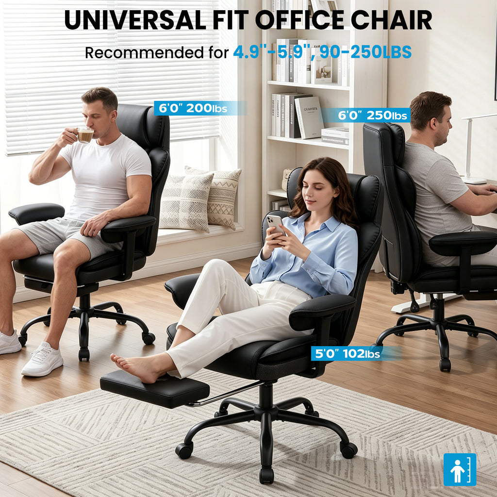 ALLGOD Office Desk Chair, Big and Tall Executive Chair with Lumbar Support, High Back Computer Gaming Chair, PU Leather with Pocket Spring Cushion, Adjustable Armrests and Footrest, Black