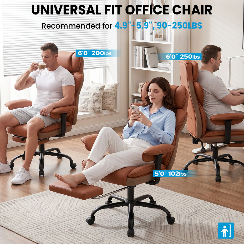 ALLGOD Office Desk Chair, Big and Tall Executive Chair with Lumbar Support, High Back Computer Gaming Chair, PU Leather with Pocket Spring Cushion, Adjustable Armrests and Footrest, Brown