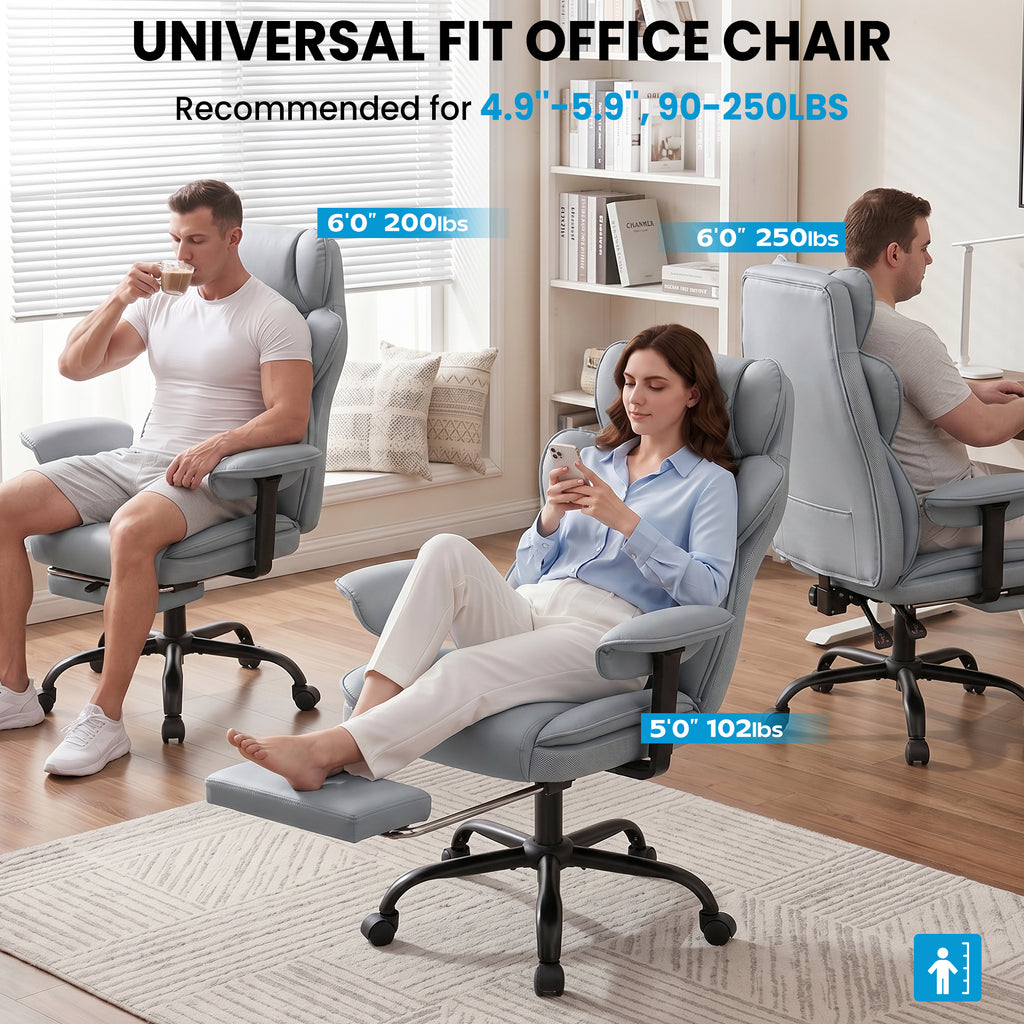 ALLGOD Office Desk Chair, Big and Tall Executive Chair with Lumbar Support, High Back Computer Gaming Chair, PU Leather with Pocket Spring Cushion, Adjustable Armrests and Footrest, Grey