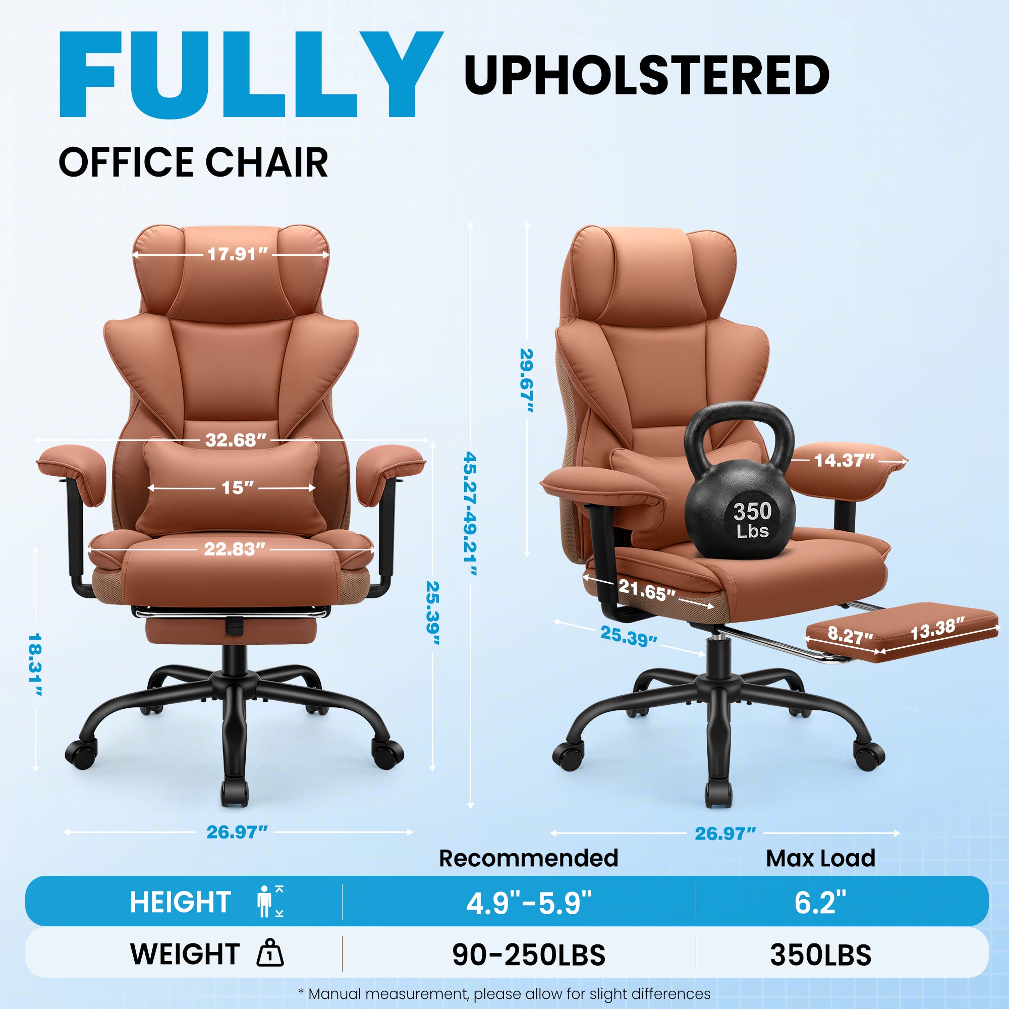 ALLGOD Office Desk Chair, Big and Tall Executive Chair with Lumbar Support, High Back Computer Gaming Chair, PU Leather with Pocket Spring Cushion, Adjustable Armrests and Footrest, Brown