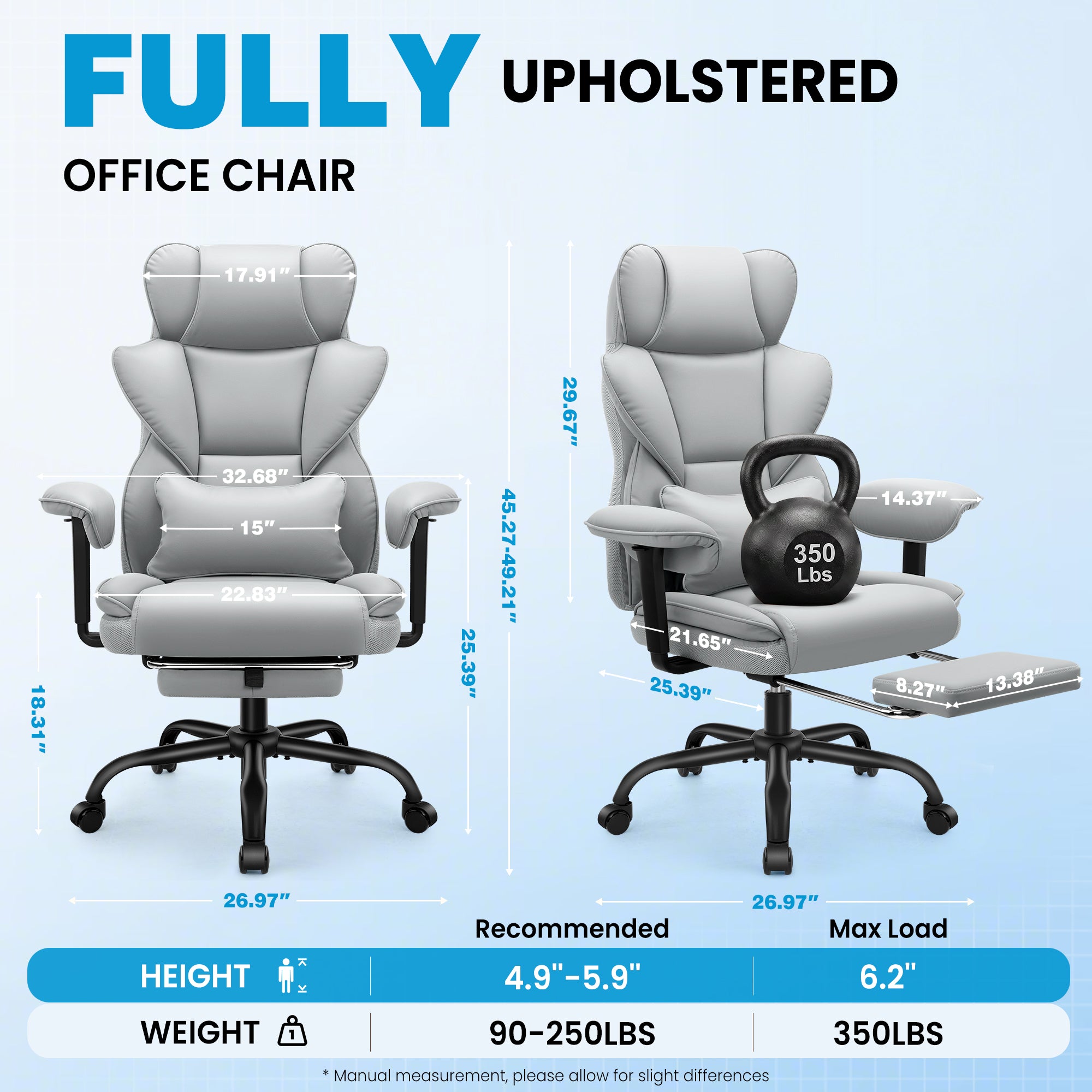 ALLGOD Office Desk Chair, Big and Tall Executive Chair with Lumbar Support, High Back Computer Gaming Chair, PU Leather with Pocket Spring Cushion, Adjustable Armrests and Footrest, Grey
